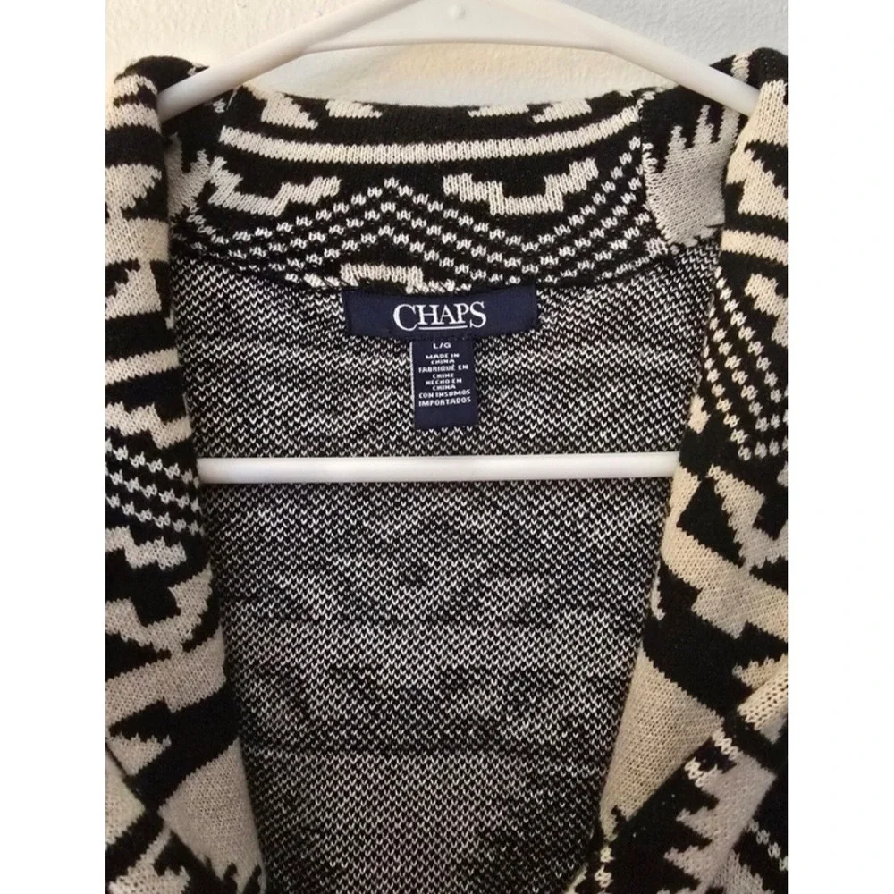 Chaps Black‎ White Geometric Knit Sweater Vest Collared Button Front L/G